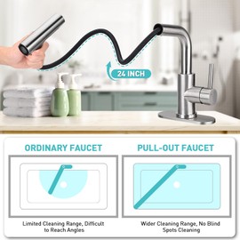 Bietor Bathroom Sink Faucet with 4 Mode Pull Down Sprayer, Brushed Nickel Single Handle Pull Out Faucet with Pop-Up Drain, 1 or 3 Hole Laundry Bar Basin Faucet with Deck Plate