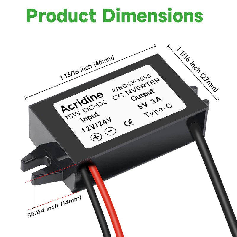2-Pack DC 12V/24V to 5V USB C Buck Converter 3A