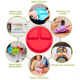 U Chef Juego de 3 Platos para Bebés 100% Silicona y Antiderrapantes con Tapas y Divisiones de Grado Alimenticio, sin BPA, Aptos para Microondas y Lavavajillas (azul, gris y verde)