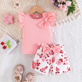 HEOXIN Baby Girl Infant Toddler Clothing Sets, Newborn Ruffle Edge Short Sleeves Round Neck Bowknot Decorative Floral Pattern Stretch Shorts, Summer Clothes Sets for Tiny Girl, Pink, 9-12 Months