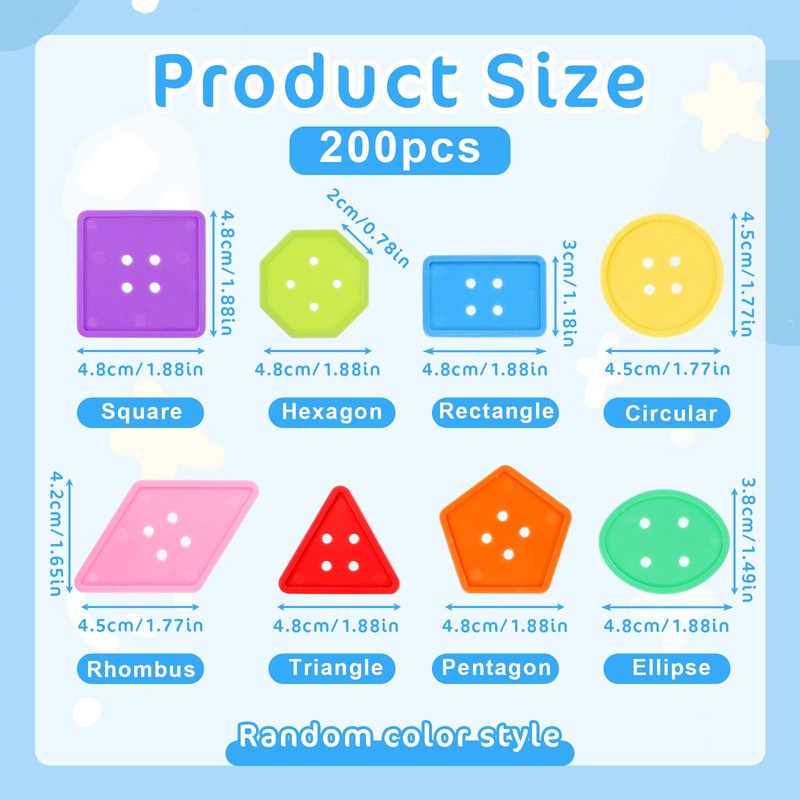 200 Pcs Big Bright Buttons for Kids 8 Colors and