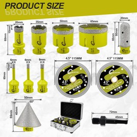 Tile Hole Saw Kit - Diamond Core Drill Bits Set SANLEETEK for Porcelain Tile Ceramic Marble 6/6/8/20/35/50/65MM+4/5'' Finger Bit+2" Chamfer Bit+2pcs 4.5" Saw Blade+SDS, 12pcs
