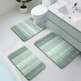Kmson 3 Pcs Ombre Chenille Bathroom Rugs Set, Non-Slip Ultra Soft Washable Shaggy Bath Rugs for Bathtub, Thick Water Absorbent Microfiber Shower Mat Green