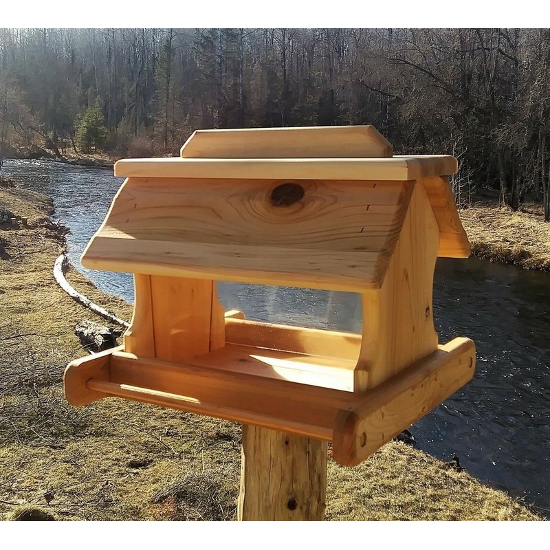 14 Inch Cedar Wood Post Mount Bird Feeder for Outdoors