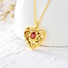 SOULMEET 18K Gold Filled Silver Heart Shaped Hollow Lotus Locket Necklace That Holds 1 Picture with Red Ruby Crystal, 18 inch (Locket only)