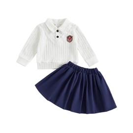 PUHHAPIEY Toddler Girl Fall Dress Butterfly Embroidery Long Sleeve Lapel Sweatshirt Top Pleated A Line Skirt with Belt (Blue, 6-12 Months)