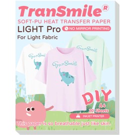 TranSmile PU-Heat Transfer Paper for T Shirts (20 Sheets,A4) Printable Heat Transfer Vinyl for Light Fabrics Iron on Transfers for Inkjet Printer (L-pro-20) Heat Transfer Paper