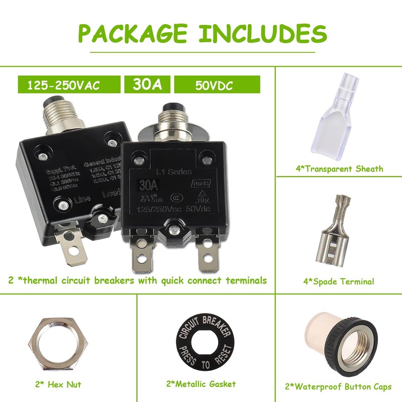 EPLZON 30A Manual Reset Push Button Circuit Breaker 125/250V AC