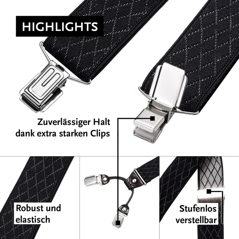 DonDon Men's Braces Extra Strong 3.5 cm Wide with 4