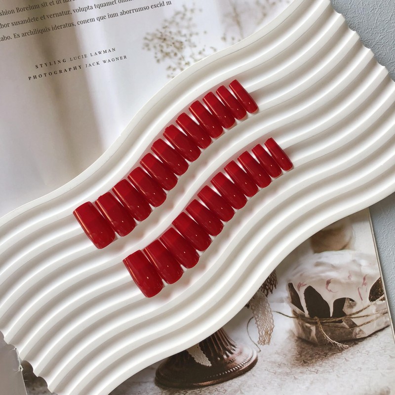 Red Press On Nails Medium Long Square, KQueenest Medium Coffin