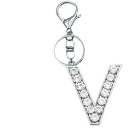 Xsclpomddy Alphabet Letter Key Ring Cute Key Ring Glitter Stones Silver Keychain for Bag Charm, V