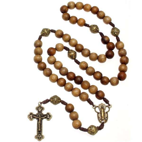 Alexander Castle Our Father Solid Wooden Rosary Beads Catholic (Handmade - Brazilian Walnut) with Miraculous Medal Junction - Comes in Velour Gift Pouch