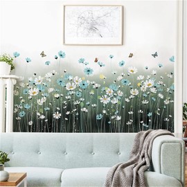 WOHAHA Wall Sticker, Plant, Stylish, Small, Daisy, Blue, White, Dancing Butterfly, Dining Room, Kitchen, Room, Living Room, Wall Decor, Wall Sticker, Removable, Waterproof, Home Decoration for Living