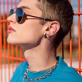 ALEXCRAFT Thick Stainless Steel Black Earrings Men's Silver 925 Women's Unisex Hoop Earrings Set for Women Men, Stainless steel, silver, brass