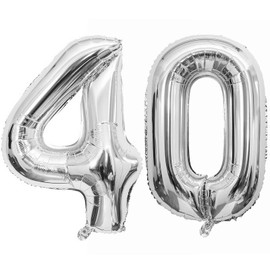 Silver 40 Number Balloons, 40 Inch Giant Number 40 Balloons Foil Mylar Helium Silver Number Balloons for 40th Birthday Party Supplies Anniversary Event Celebration Decorations