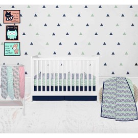 Bacati - 100 Percent Breathable Cotton Muslin/Percale 10 Piece Nursery Baby Crib Bedding Set for Boys/Girls Including 4 Swaddling Blankets US Standard Crib (Aztec Mint/Coral/Navy)