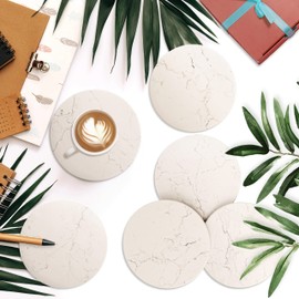 OSAM Coasters for Drinks with Cork Base Absorbent Ceramic Coasters Set of 6 with Holder Ideal for Home Decor 10.3 CM White Elephant Gifts，White Marble