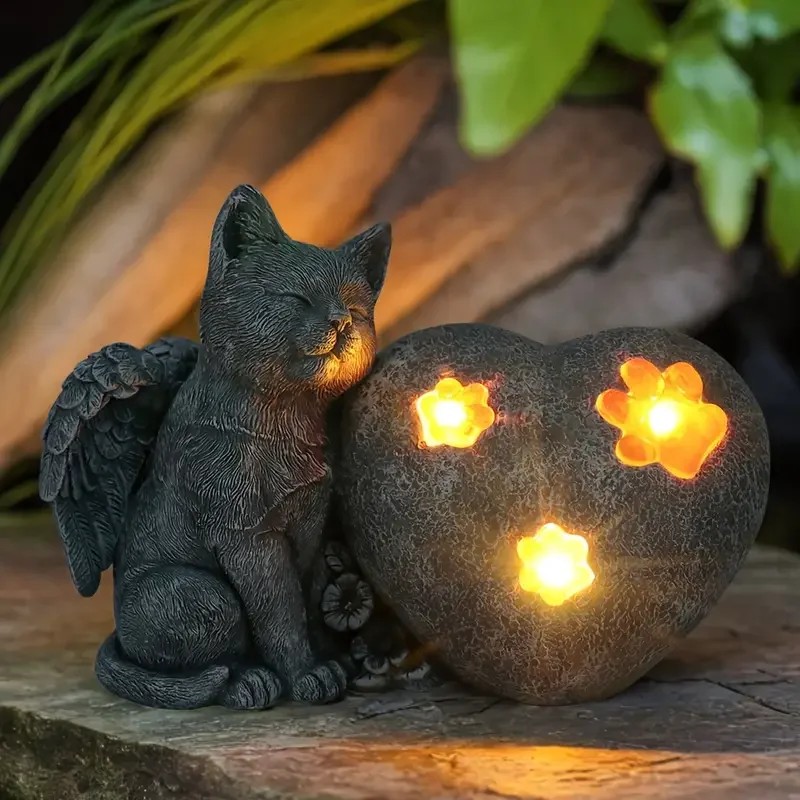 Elegant Garden, Solar Powered Angel Cat Resin Sculpture with Glowing
