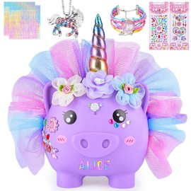 Piggy Bank for Girls Large Unicorn Piggy Banks with Necklace Bracelet DIY Stickers Cute Coin Piggybank Unbreakable for Toddler Kids Christmas Birthday Gifts, Purple with Blue Purple Dress, M