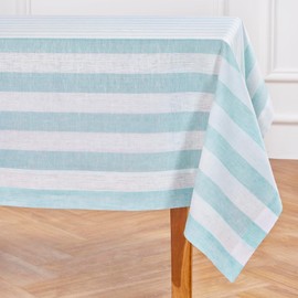 Solino Home Stripe Linen Tablecloth - Aqua and White, 100% Pure Linen Easter Tablecloth 60 x 120 Inch - Handcrafted and Machine Washable - Cabana Stripe