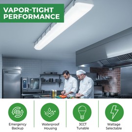 E2 LIGHTING 4FT LED Vapor Tight Light with Emergency Battery Backup, 30W/40W/50W Wattage Selectable, 3CCT 3500K/4000K/5000K Tunable, Waterproof 6000LM 120-277V Commercial LED Fixture