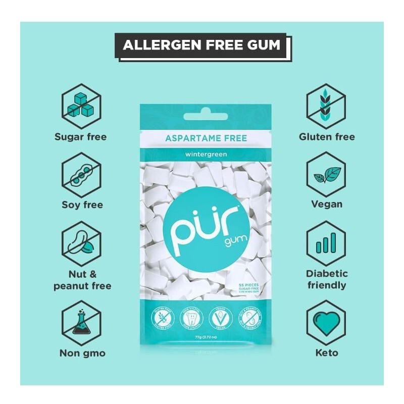 PUR Xylitol Chewing Gum WINTERGREEN (55 Pieces, 4 Pack) Sugarless