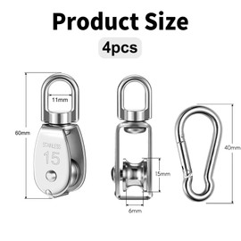 Pack of 4 M15 Pulley, Stainless Steel Pulley for Ropes, Pulley Steel Cable with 4 M4 Carabiner Pulley Small Load Capacity 35 kg for Awning Fitness Winch