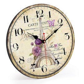 VIKMARI 14 Inch Wall Clock, Vintage/Country/French Style Wooden Clock, Family Decoration Eiffel Tower Retro Wood Clock, Silent Non-Ticking Round Painted Paris Tower Floral Retro Style Hanging Clocks