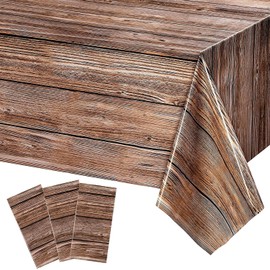 YYBD 3Pcs Wood Grain Table Decor Light Brown Wood Grain Table Covers Disposable PE Tablecloth Rectangular Tablecover Rustic Farmhouse Table Cloth for Birthday Wedding Western Party Supply, 54" x 108"