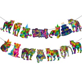 Rainbow Cheetah Birthday Banners Leopard Print Party Decorations 2PCS Neon Cheetah Party Banners Rainbow Leopard Birthday Party Supplies for Safari Animals Decor