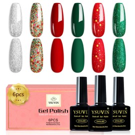 YSUVIN Christmas Semi-Permanent Nail Polish, 6 Colors Silver Green Red Glitter Mixed Color Semi-Permanent Nail Polish, Soak Off UV/LED Nail Polish for DIY Nail Art Salon Manicure Gifts