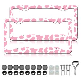 Pink Cow Print License Plate Frames - 2 Pack Cute Animal Spot License Plate Holder,Aluminum Metal Rust-Proof Waterproof Car Decorative Tag Frames for Standard US Canada 12x6 Inch