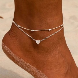 Cubahop Boho Double Layer Beach Heart Love Ankle Beads Ankle Bracelets Summer Foot Accessories Jewellery for Women and Girls (Silver)