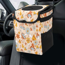 SAVHOQIR Car Trash Can Cute Boho Retro Floral Mushrooms Small Auto Garbage Bag with Lid Hanging Front Seat Car Accessories Leakproof Collapsible Trash Cantainer for SUV Sedan Truck