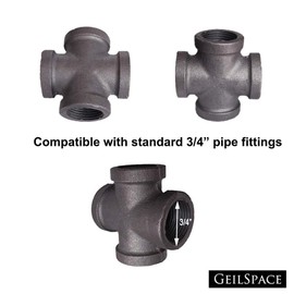 GeilSpace Cross, Malleable Iron Pipe Fittings - Vintage DIY Industrial Shelving, Industrial Decor, Furniture DIY (3/4", Grey)
