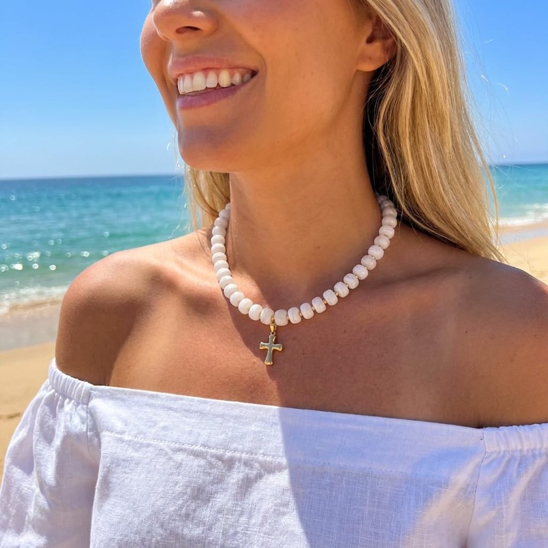 Frigotine Chunky Cross Necklace for Women, White Beaded Boho Summer