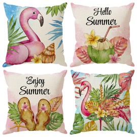 ZAEW Flamingo Flip Flops Summer Pillow Covers Throw Pillow Cases Set of 4 Decorations for Home Sofa Cushion Cover Party Holiday Decor 18x18 Inch
