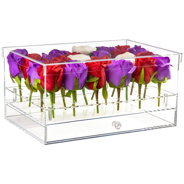 Better Display Cases Clear Acrylic Flower Display Case with Drawer for Wedding and Home, 24 Holes (A095)
