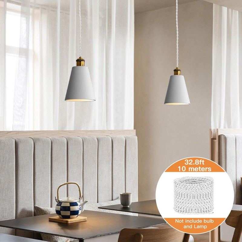 Helunsi 32.8ft Twisted Cloth Covered Wire - White 18/2 Electrical