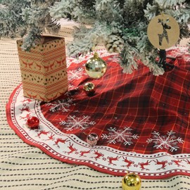 IHCEMIH Christmas Tree Skirt Large Red Xmas Tree Skirts Luxury Snowflake Reindeer Tree Base Cover Mat Christmas Tree Bottom Rug Covers Holiday Home Party Festival Decorations 48 Inches