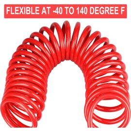 YOTOO Polyurethane Recoil Air Hose 3/8" Inner Diameter by 50' Long with Bend Restrictor, Repairable 1/4" Industrial Quick Coupler and Plug, Red