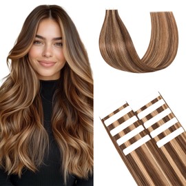 TESS Invisible Tape Hair Extensions Human Hair Real Hair Thin Type 10 Pcs 15G Lightweight For Highlight Straight Short - #4P27 Medium brown＆Dark blonde - 12 Inch