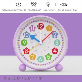 HOTIYOK Telling Time Teaching Clock Nursery Kids Learning Alarm Clock 4 Inch Cute Table Analog Clocks Girls Bedroom Desk Silent Non Ticking Educational Clock with Night Light(Purple)