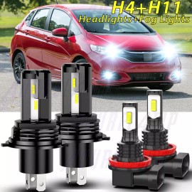 AuureLamp For Honda Fit 2008-2020 4PC LED Headlight High/Low + Fog Light Bulbs Combo 6000K