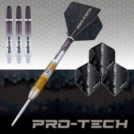 Unicorn Steel Tip Darts Set | Pro-Tech Style 1 | 90% Natural Tungsten Barrels with Golden Accents & Volute Points | 22 g