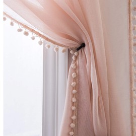 MISS SELECTEX Linen Look Pom Pom Tasseled Sheer Curtains - Rod Pocket Voile Semi-Sheer Curtains for Living and Bedroom, Set of 2 Curtain Panels (52 x 84 inch, Blush)