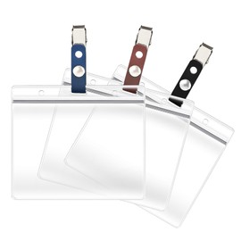 3 Pack ID Card Badge Holders with Detachable Leather Metal Badge Clips, Horizontal Waterproof Clear Extra Thick PVC Plastic Name Tags for Nurses Office School Students Teachers Work