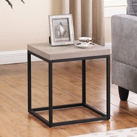 CENSI End Table Side Table for Living Room, Nightstand, Grey Wash French Oak, Modern Industrial Square Metal and Wood
