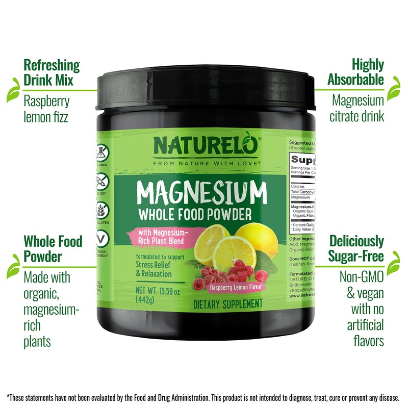 NATURELO Magnesium Powder - Whole Food Calm Magnesium Powder with