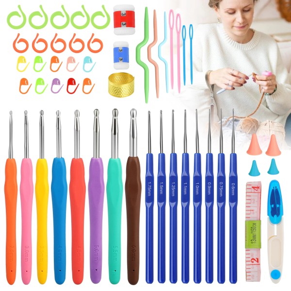 EeeKitOnline 16pcs Crochet Hooks Set 0.6-6mm Soft Grip Handles Knitting